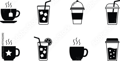 Drink container icons, vector beverage cups, coffee, tea, soda, smoothie, bubble tea, takeaway cup set, hot and cold drink illustration