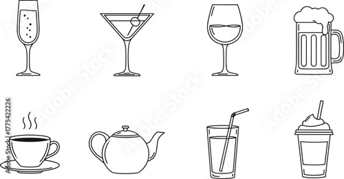 Drinkware vector set, cocktail, coffee, tea, beer, wine, smoothie, outline icons, black and white illustration, minimal style, beverage containers