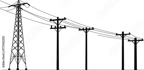 Electric transmission tower, utility poles, power lines infrastructure, energy distribution system, 