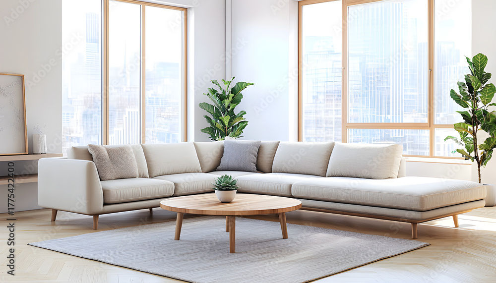 Fototapeta premium Modern living room interior with beige sectional sofa and round coffee table