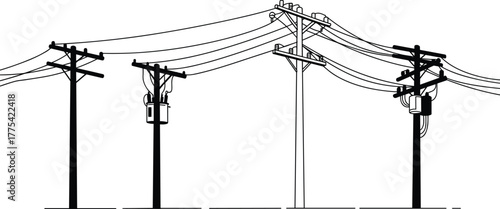 Electric utility poles vector illustration, power line infrastructure, energy transmission system, high voltage wires, rural electricity network, black and white drawing, engineering concept