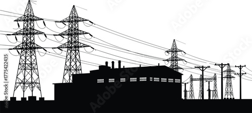 Electrical substation silhouette vector illustration, power plant building, transmission towers