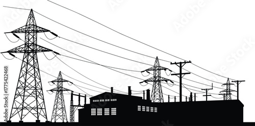 Electrical substation silhouette with transmission towers, power lines and transformers, high voltage energy distribution system, black and white vector illustration of infrastructure