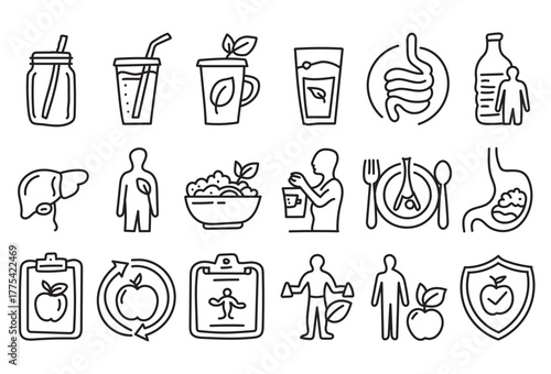Hand Drawn Healthy Nutrition and Wellness Line Art Icons Set for Diet, Fitness, and Detox Design Concepts