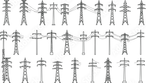 Electrical transmission towers vector set, diverse pylon designs with power lines, high voltage energy distribution infrastructure, black and white engineering illustration