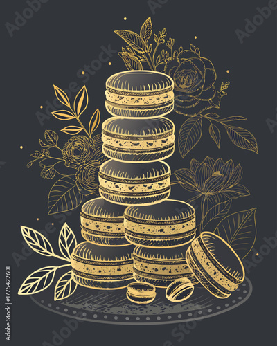 Golden Macarons Stack with Elegant Floral Line Art
