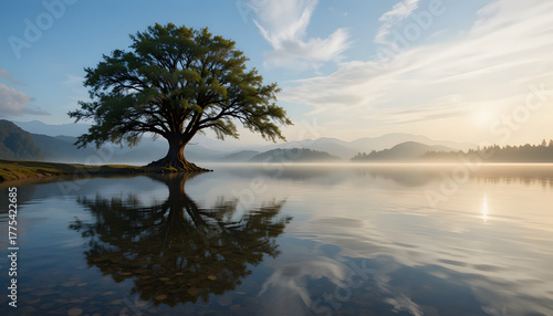 Lakeshore at golden hour with solitary oak silhouette reflected in glassy still water