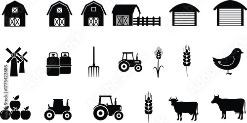 Farm icons collection, agriculture silhouette set, barn, tractor, cow, wheat, windmill, silo, pitchfork, apple, bird, rural farming elements
