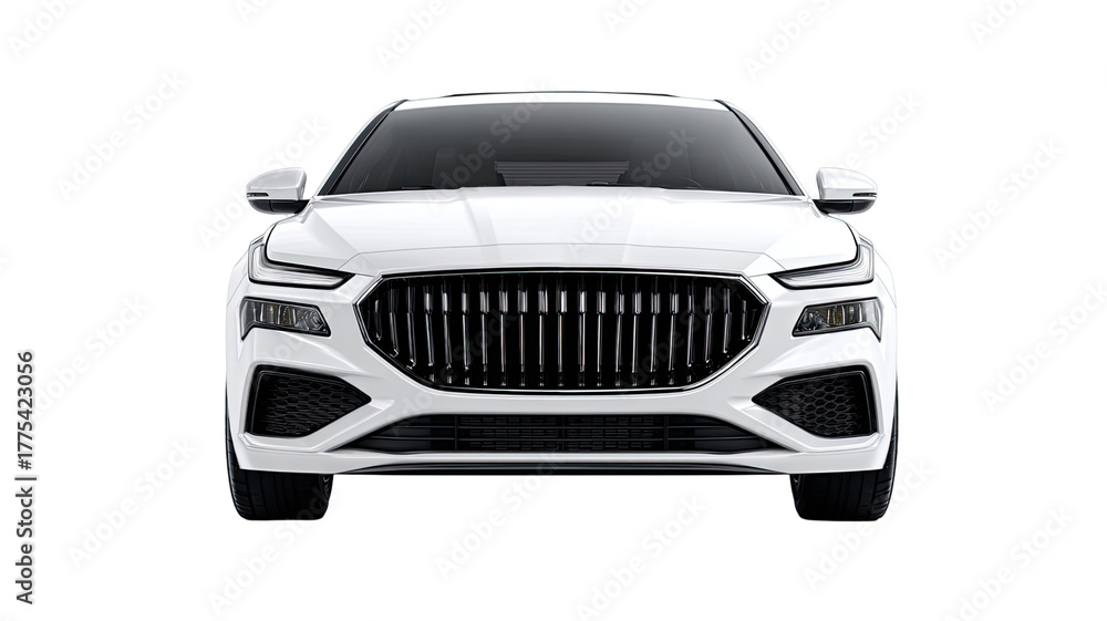 Naklejka premium front view modern luxury white sedan car with stylish grille premium automotive transportation vehicle isolated on white background