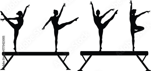 Gymnast silhouettes on balance beam, female athletes performing poses, gymnastics vector illustration, flexibility, strength, sport concept, black isolated design
