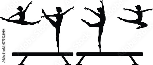 Gymnast silhouettes, athletes performing poses, balance beam, mid‑air leaps, artistic