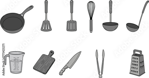 Kitchen utensils vector set, cooking tools illustration, frying pan, spatula, whisk, knife, grater, ladle, cutting board, black and white design