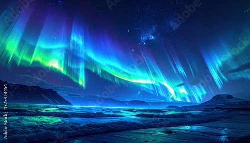 The abstract background of the multi colored northern lights and mountains in the north
1