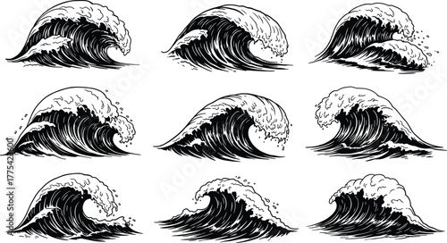 Ocean wave illustrations, stylized sea waves, black and white design, curling water motion, marine art, coastal nature, surfing theme, nautical decorative vector set