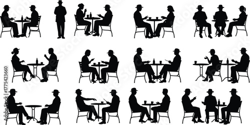 People conversation silhouettes, vector table discussion icons, business meeting, casual talk, social interaction, black illustration set, communication, teamwork, dialogue design elements