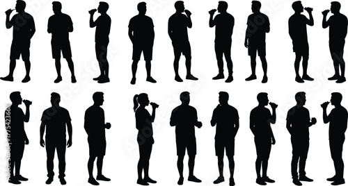 People drinking from bottles silhouettes, human activity icons, beverage consumption poses, casual lifestyle, hydration concept, black and white illustration set
