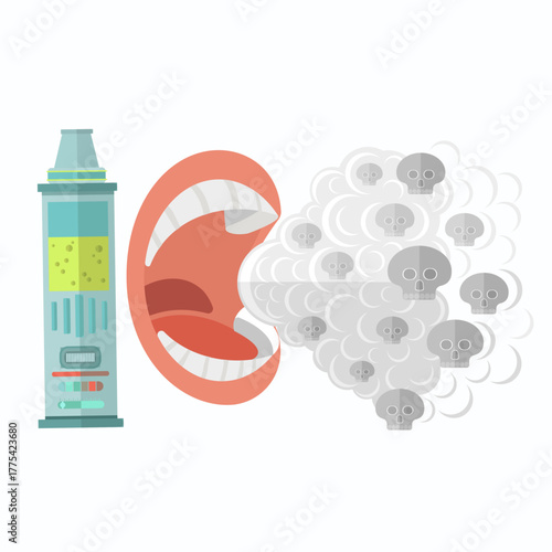 Mouth exhaling vapor with skulls from it. Vape smoke danger concept