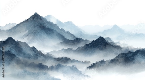 Misty mountain range, rendered in soft shades of blue-gray, sits against a pale white backdrop.  Distant peaks are veiled in atmospheric perspective, creating a sense of depth and tranquility
