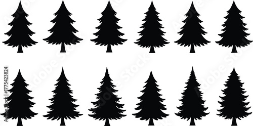 Pine tree silhouette set, forest tree vector, evergreen shapes, conifer collection, nature elements, botanical illustration, black tree icons, woodland design