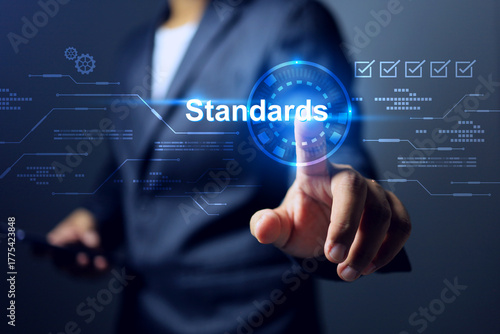 standard concept with businessman pointing on standards info graphic to implement the requirement to complied regulation and company integration improvement