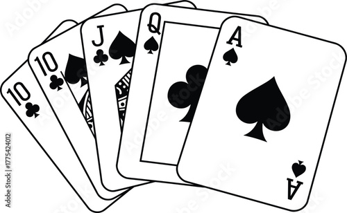 Playing cards fan with club straight sequence, ace of spades contrast, poker hand concept, gambling theme, vector illustration for casino design