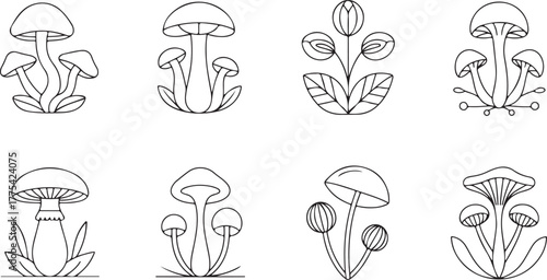 Collection of eight stylized mushroom line art icons