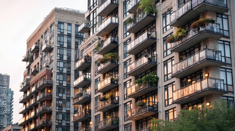 Obraz premium Modern apartment buildings with balconies and glass railings in the city. Good for illustrating urban living, real estate, and architectural designs.