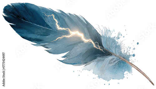 Close-up of a detailed, stylized feather with a glowing lightning bolt effect across its center