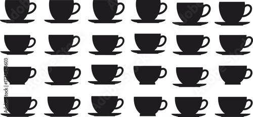Teacup silhouettes with saucers, hot beverage icons, coffee and tea cups, cafe drink design, black and white illustration, simple elegant vector set