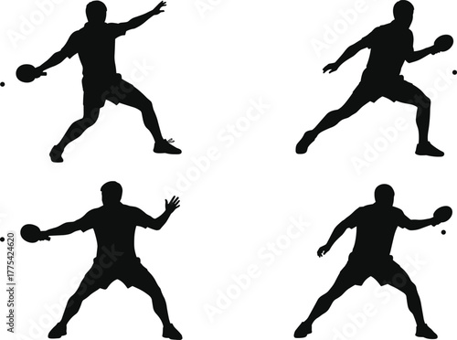 Table tennis player silhouette, ping pong action poses, forehand and backhand strokes, sports movement illustration, dynamic athlete vector for design, training, competition