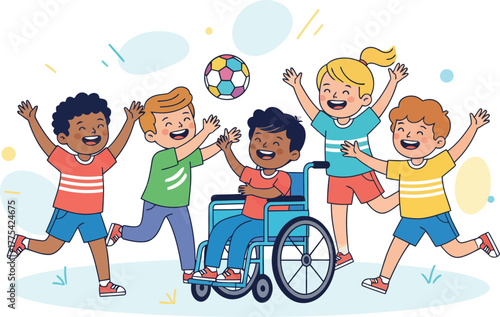 Diverse group of children playing together, one in a wheelchair, with a soccer ball.