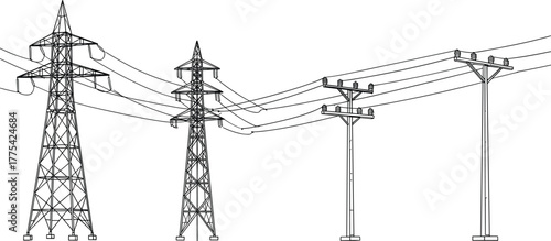 Transmission tower and utility pole silhouette vector illustration, high voltage power line