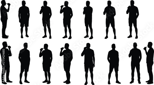 Tooth brushing silhouettes, man brushing teeth, personal hygiene routine, dental care poses, oral health illustration, daily activity, bathroom habit, black and white vector