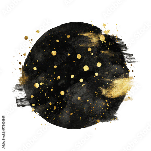 A watercolor illustration of a dark, round shape with golden speckles and paint strokes on black