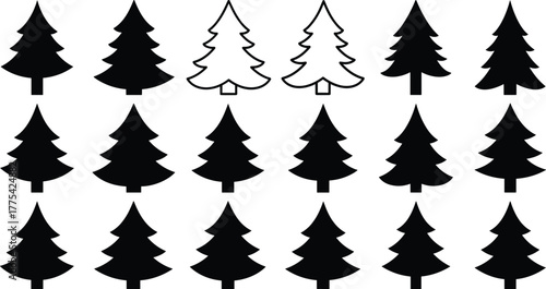 Tree silhouettes vector illustration set, coniferous and stylized pine tree collection, black and white forest design, natural woodland shapes for decoration