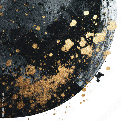 Abstract, dark circular painting with scattered gold-colored paint splotches