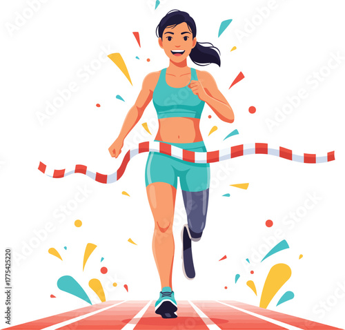 Athlete with prosthetic leg crossing finish line in race.