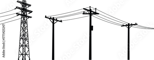 Utility poles and transmission towers silhouette set, electricity infrastructure vector, power line support structures, high voltage and local distribution elements illustration