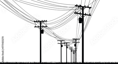 Utility poles silhouette, power lines vector, electrical infrastructure, black on white, perspective view, energy transmission, rural scene, minimal landscape illustration