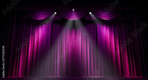 An empty theater stage with closed, elegant purple curtains illuminated by three bright spotlights from above.