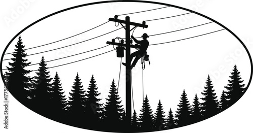 Utility worker climbing power pole in forest, electrical maintenance silhouette, rural energy infrastructure, lineman safety gear, black and white vector illustration