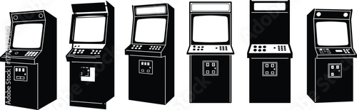 Vintage arcade game machines, retro gaming cabinets, classic video game consoles, old school entertainment, nostalgic gaming culture, joystick control, electronic play, fun illustration