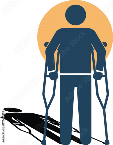 Person with crutches, standing, facing forward, with a yellow circle behind them.