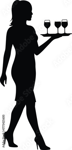 Woman carrying tray silhouette, waitress icon, serving wine glasses, hospitality service, elegant hostess, restaurant staff, catering symbol, black and white vector illustration