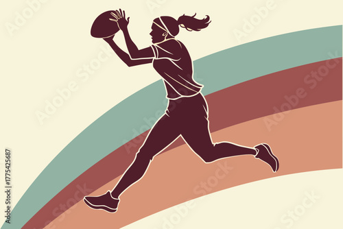 Athletic woman in silhouette leaping to catch a football in a dynamic pose