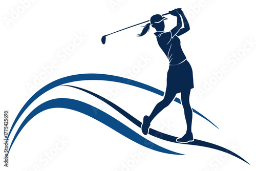 Silhouette of a woman golfer swinging a club with dynamic blue waves