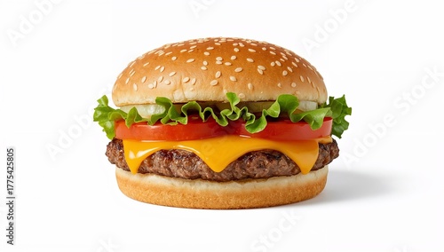 Classic cheeseburger with melted cheese, lettuce, tomato, and sesame bun, perfectly centered, minimal shadows, isolated on pure white background.