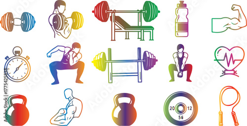 Colorful fitness icons representing gym workout and healthy lifestyle