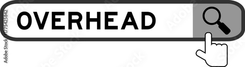 Search banner in word overhead with hand over magnifier icon on white background