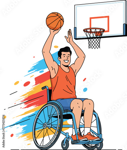 A man in a wheelchair shooting a basketball towards a hoop with colorful streaks behind him.